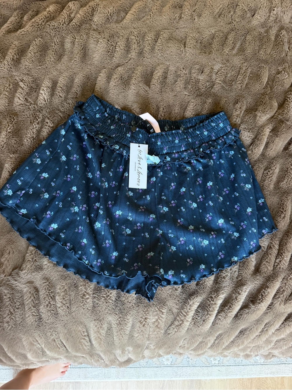 For Love And Lemons Navy Floral Elastic-Waist Ruffle Shorts